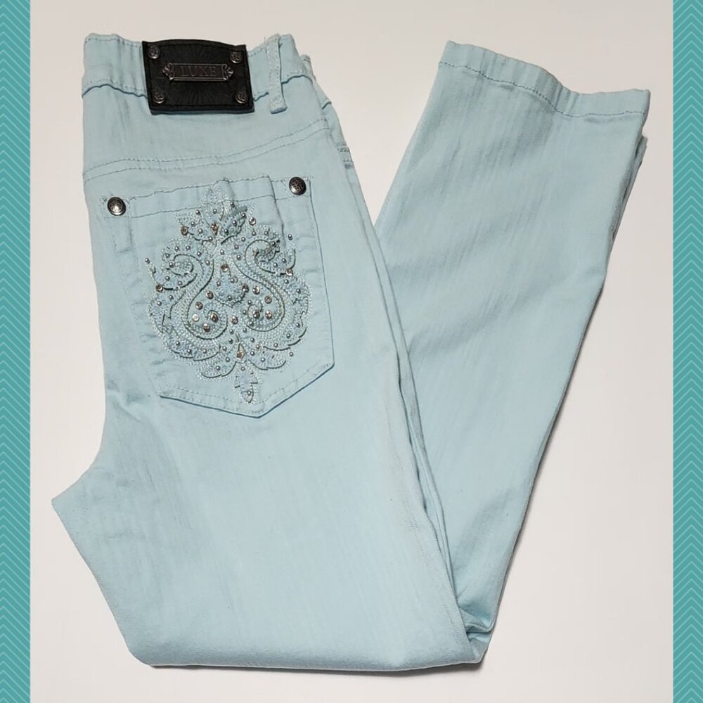 Tru Luxe Pastel Mint Green Embellished Skinny Capri Jeans